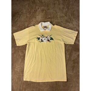 VTG Top Stitch by Morning Sun Women Butter Yellow Floral Embroidered Polo Top L
